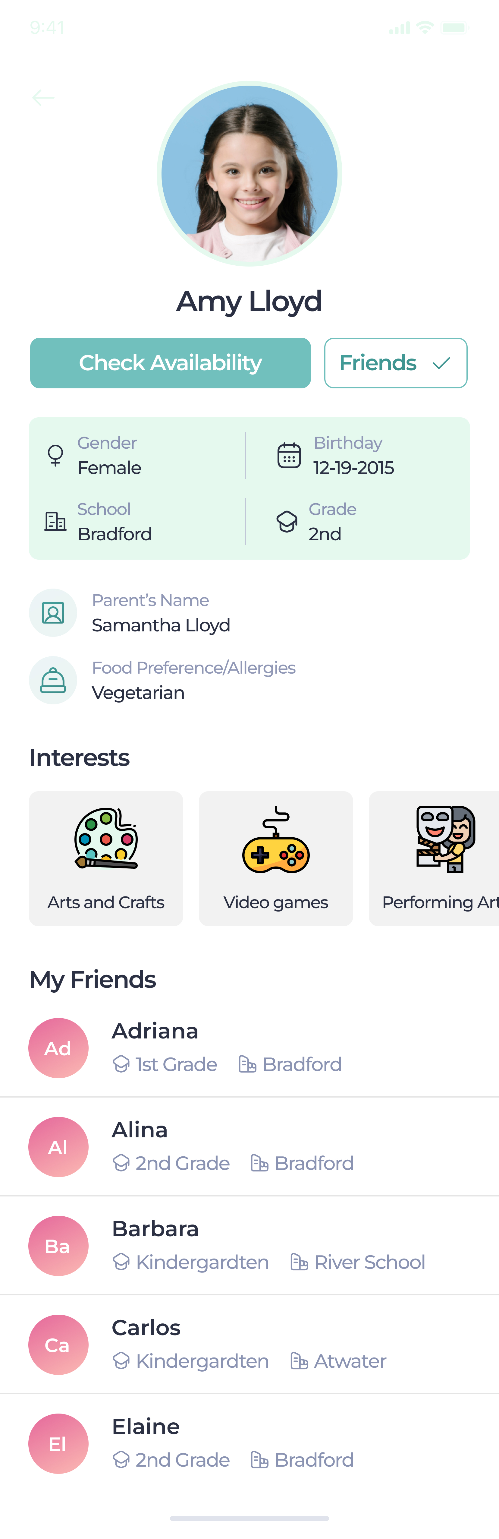 Child's Profile screen