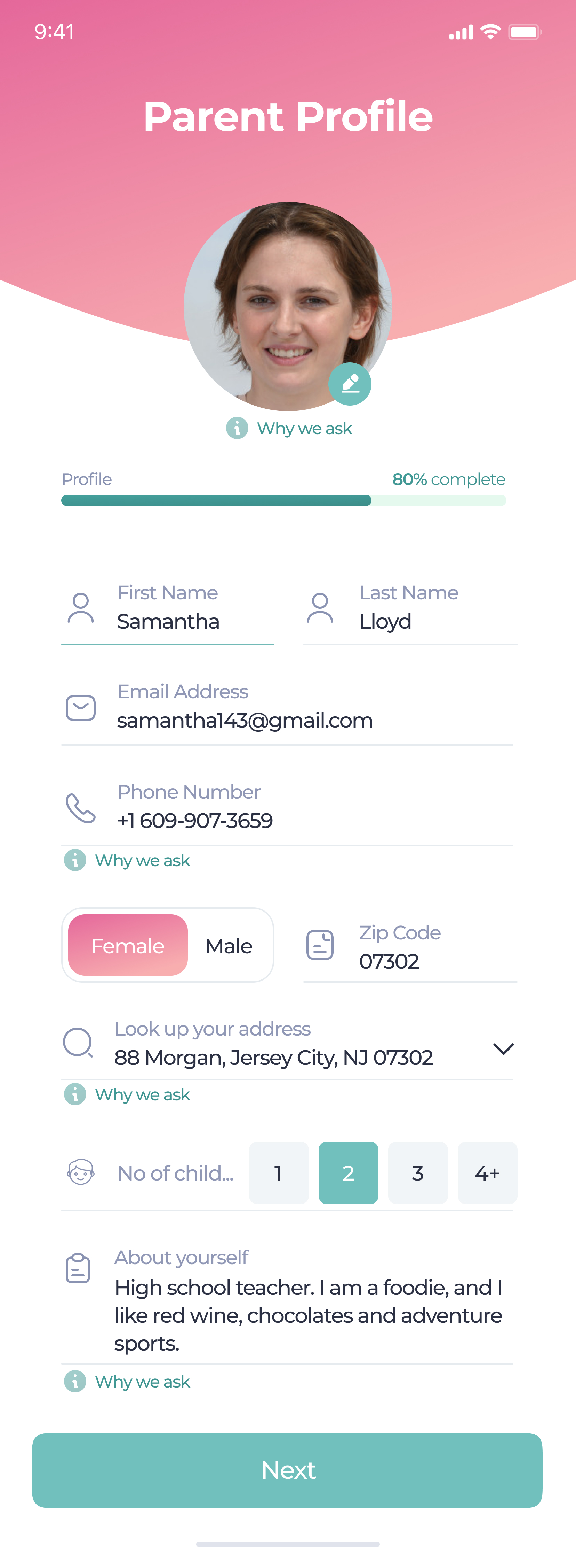 Parent Profile screen